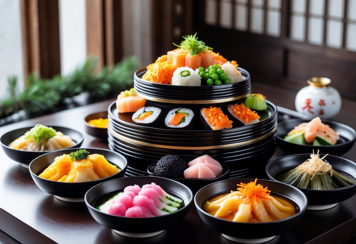 A traditional Japanese New Year meal with a multi-tiered lacquered box filled with various colourful dishes on a wooden table, decorated with pine branches and a small rice cake display.
