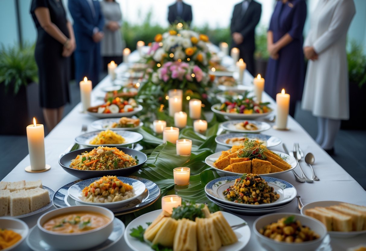 A table with a variety of traditional foods from different cultures set up at a funeral or wake, with mourners quietly gathered nearby.