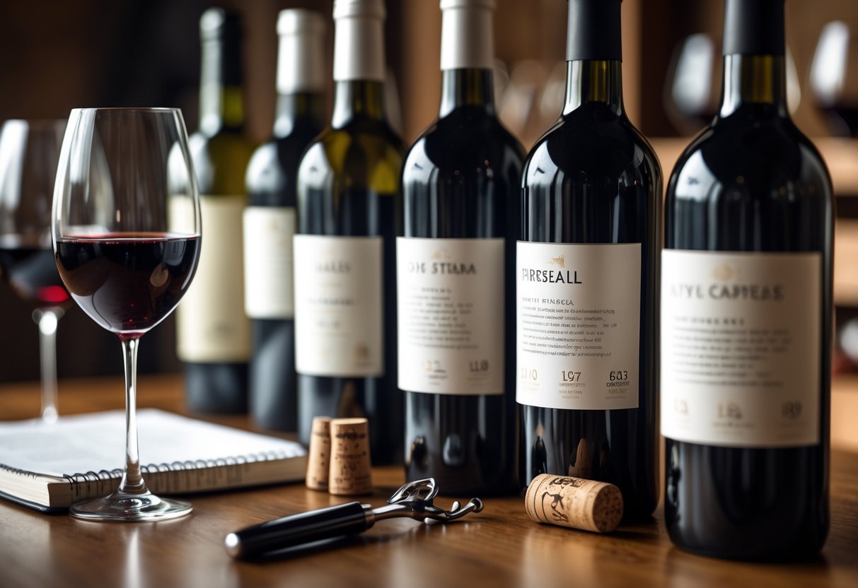 Close-up of several wine bottles with labels, a glass of red wine, a corkscrew, and a notebook on a wooden table in a wine tasting room.