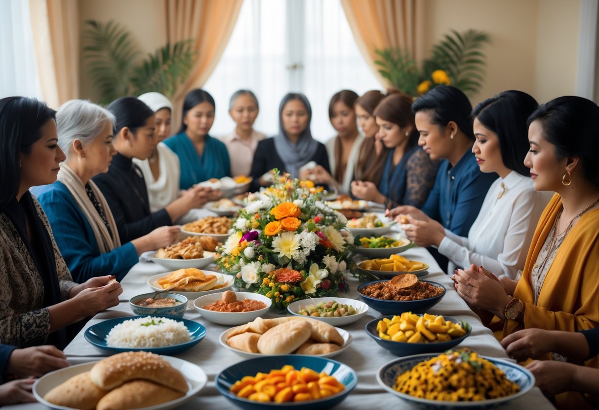 People gathered around a table sharing food at a funeral wake, showing support and reflection during mourning.