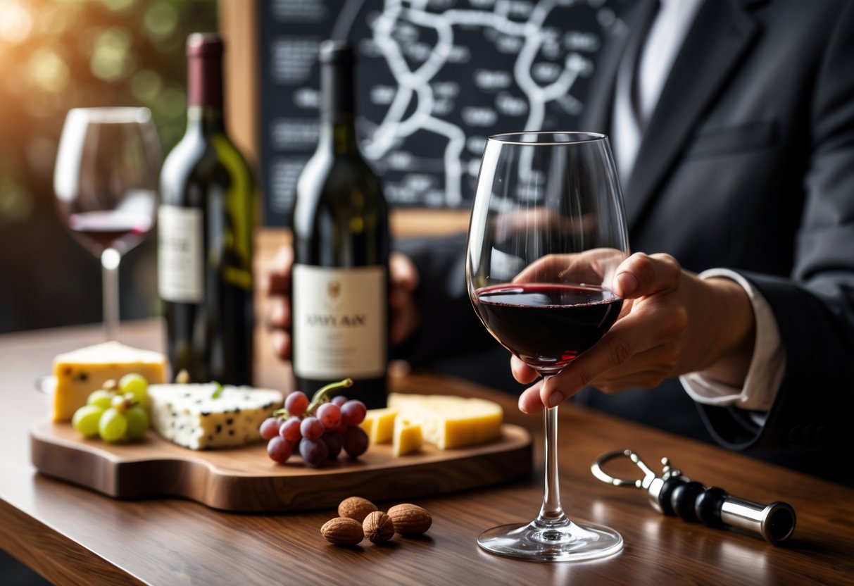 A person holding a glass of red wine above a table with cheese, grapes, and an open wine bottle, with blurred wine bottles and a map in the background.