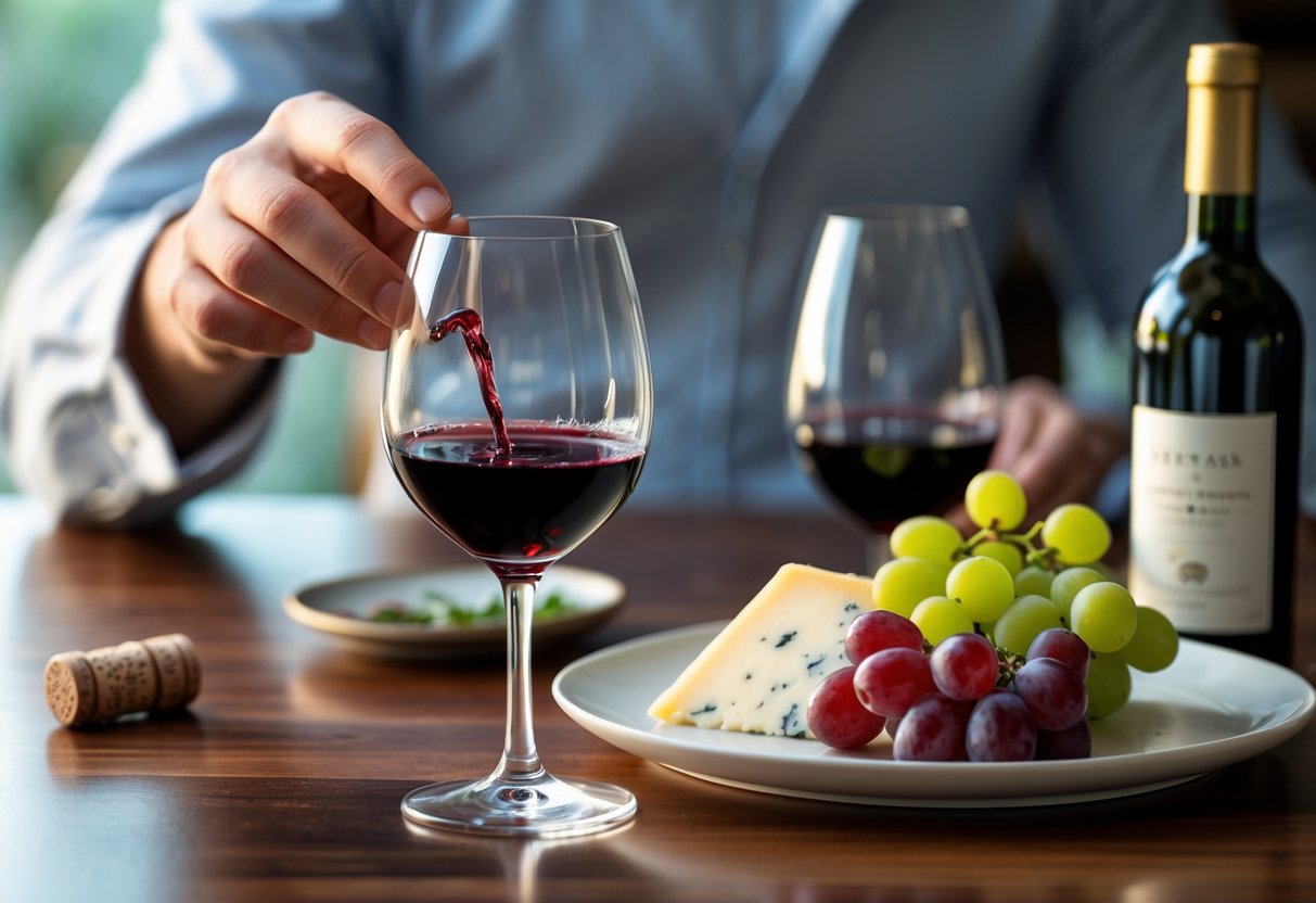 A person swirling red wine in a glass at a table with a wine bottle, cork, and plate of cheese and grapes.