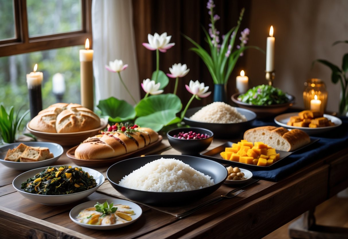 A table displaying a variety of traditional funeral foods from different cultures, including rice, bread, fruit, pastries, and soul food dishes, surrounded by candles and flowers.