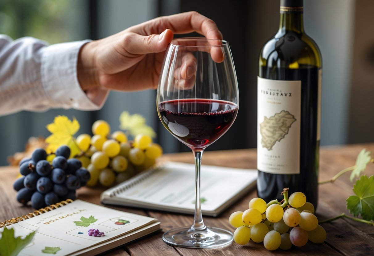 A hand holding a glass of red wine above a wooden table with a wine bottle, grapes, a small map of wine regions, and a tasting notebook.