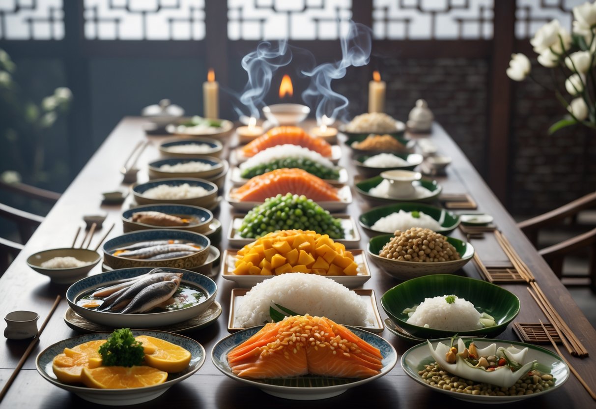 A table set with traditional Chinese funeral food offerings including fish, rice, fruit, and incense sticks in a solemn and respectful arrangement.