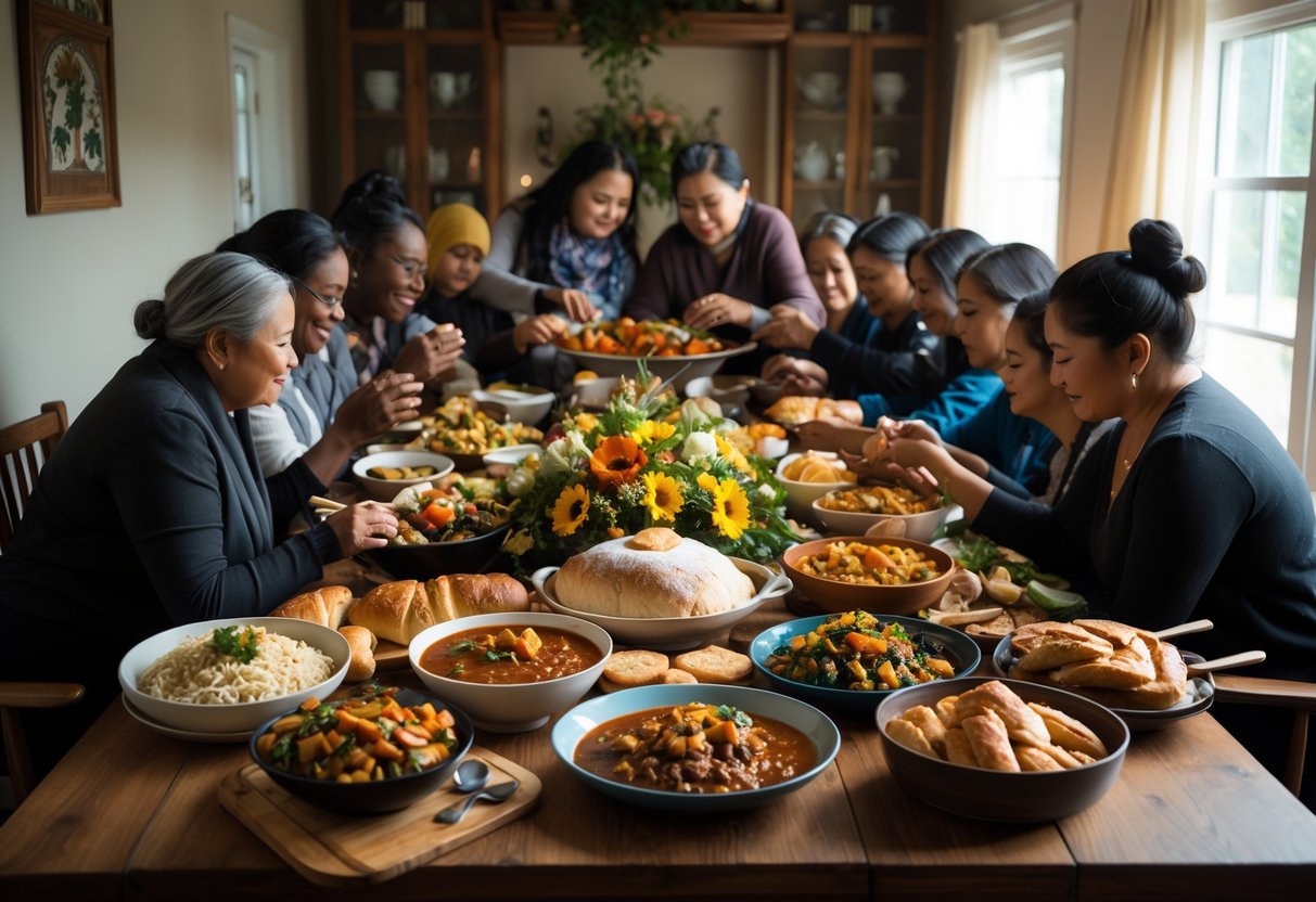 People from different cultures gathered around a table sharing comfort food at a funeral or wake, showing support and community.