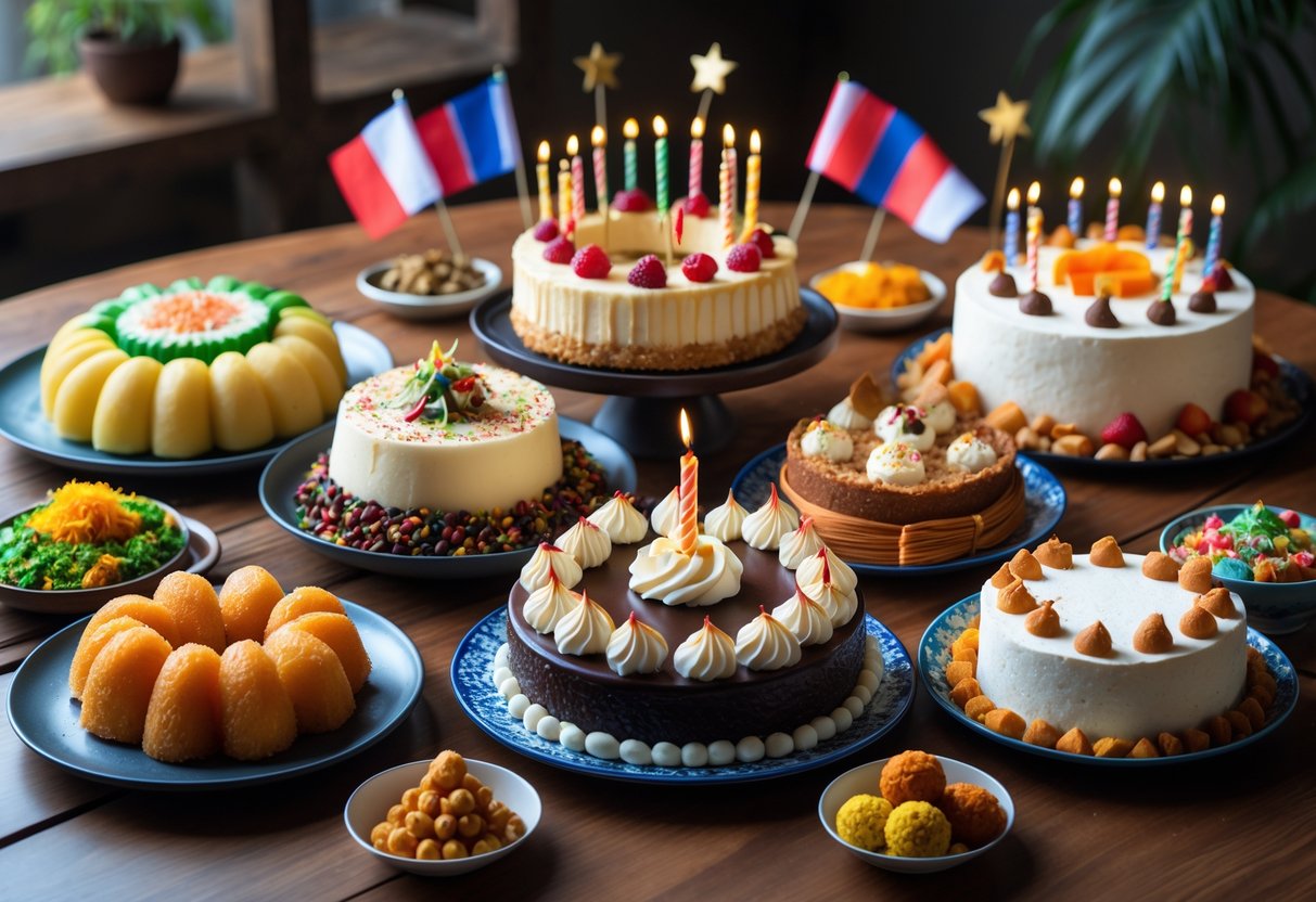 A table displaying various birthday foods from different cultures, including cakes and traditional sweets from Japan, Mexico, France, Germany, India, and the USA.