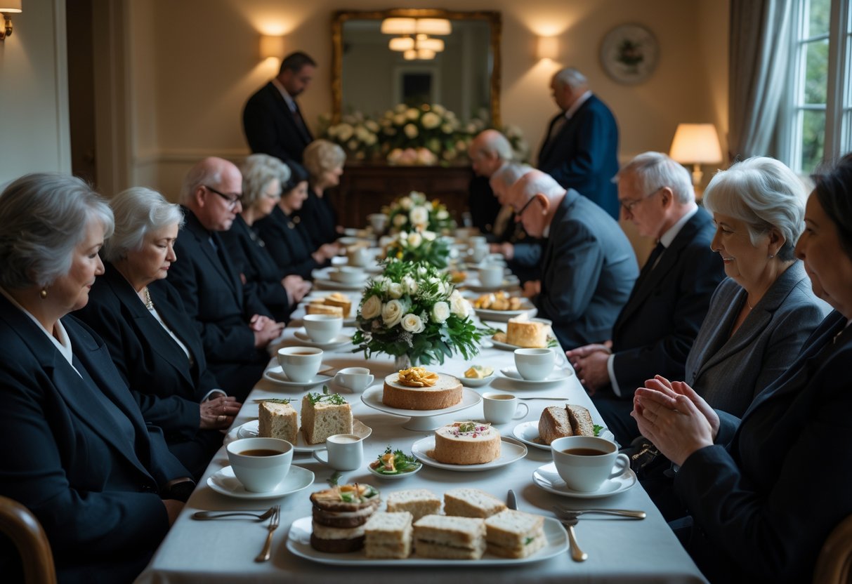 People dressed in dark formal clothes quietly sharing food and tea at a funeral wake reception in a softly lit room.