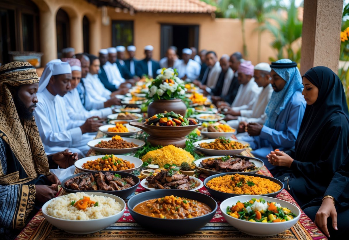 A group of people dressed in traditional African and Middle Eastern clothing gathered around a table with various dishes during a funeral feast.