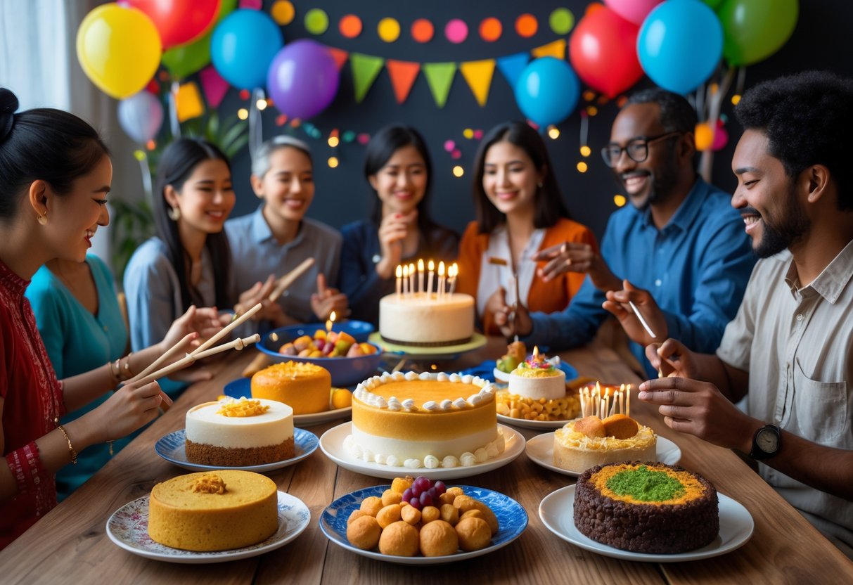 A diverse group of people celebrating a birthday around a table filled with traditional birthday foods from different cultures, with musical instruments and festive decorations.