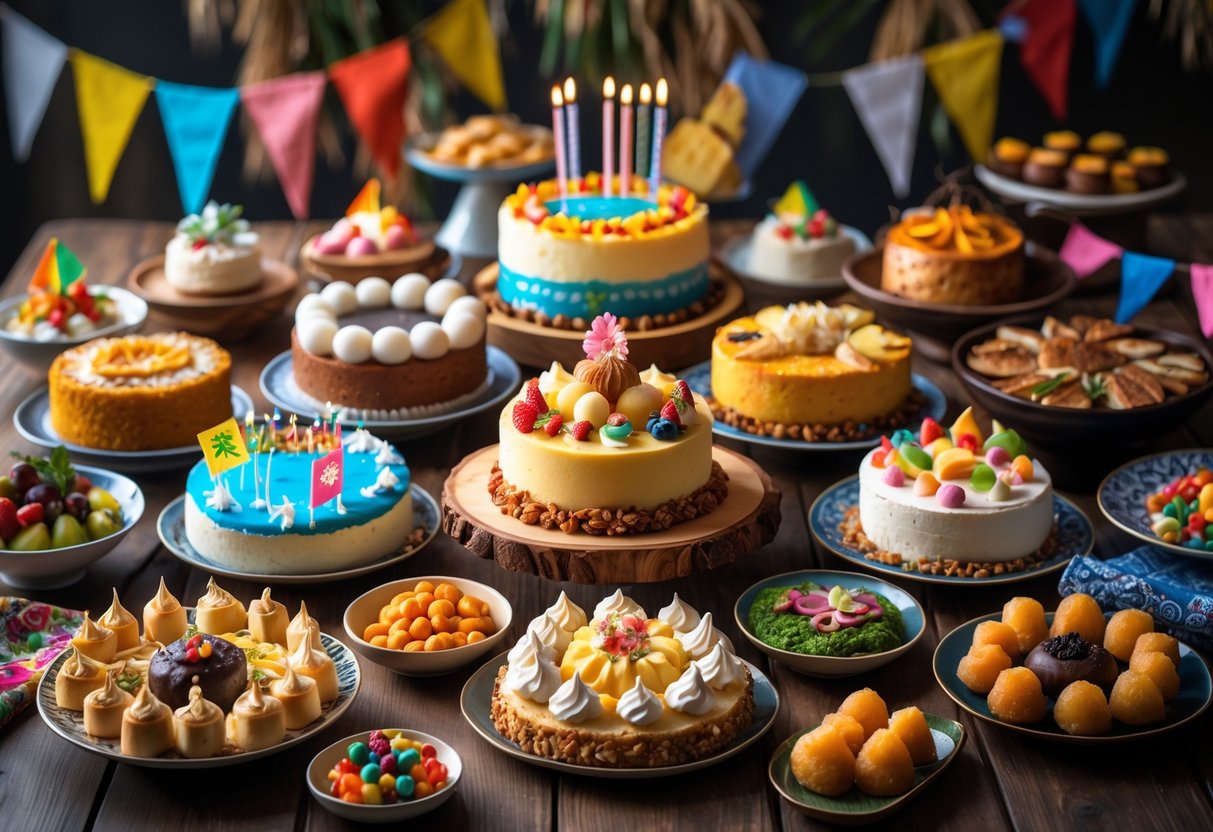 A table displaying a variety of traditional birthday foods from different cultures around the world, including cakes, pastries, and festive dishes.