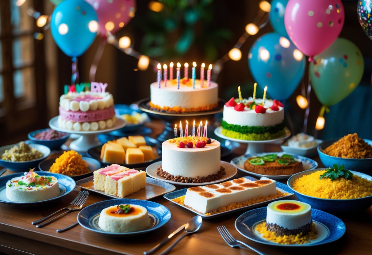 A table displaying a variety of traditional birthday foods from different cultures, including cakes and sweets, arranged for a celebration.