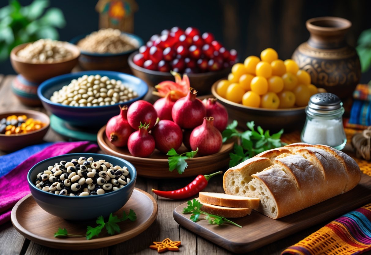 A wooden table displaying a variety of traditional foods linked to superstitions and luck from different cultures, including grapes, black-eyed peas, pomegranates, red chili peppers, and bread with salt.