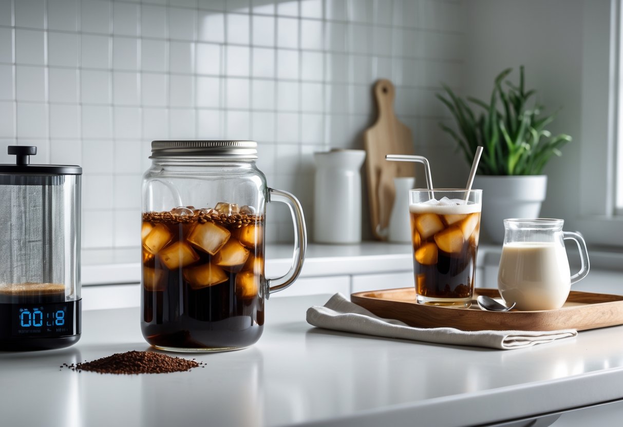 A kitchen countertop with a glass jar of cold brew coffee steeping, a timer, and a glass of iced cold brew coffee with milk and a straw.