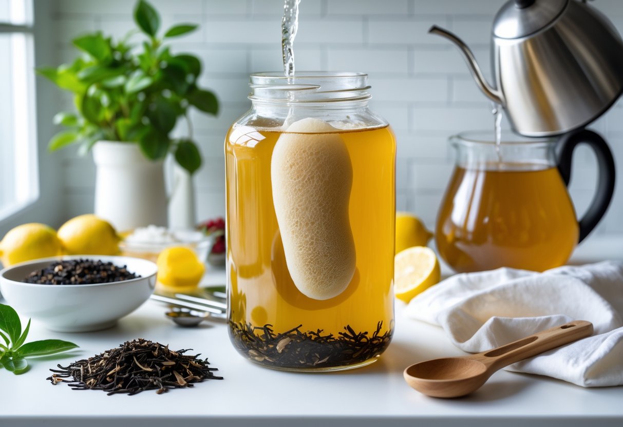 A kitchen countertop with a glass jar of fermenting kombucha, tea leaves, sugar, a kettle pouring hot water, fresh fruit, and brewing utensils arranged neatly.