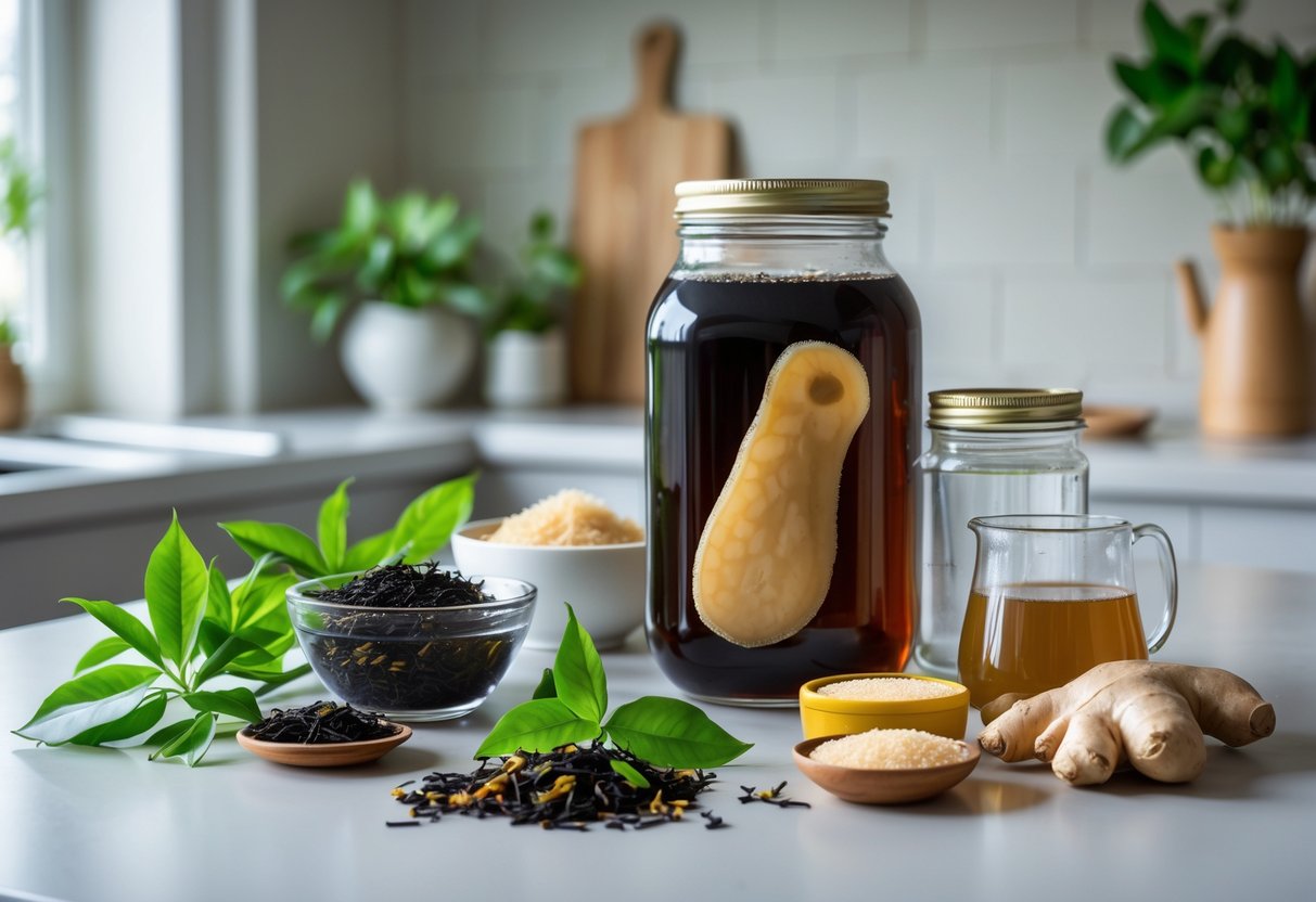 A kitchen countertop with ingredients and tools for making kombucha, including a glass jar with tea and SCOBY, loose tea leaves, sugar, water, and ginger root.