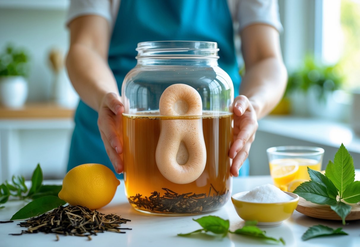 Hands holding a glass jar with kombucha culture in a kitchen surrounded by tea leaves, lemon, and sugar.