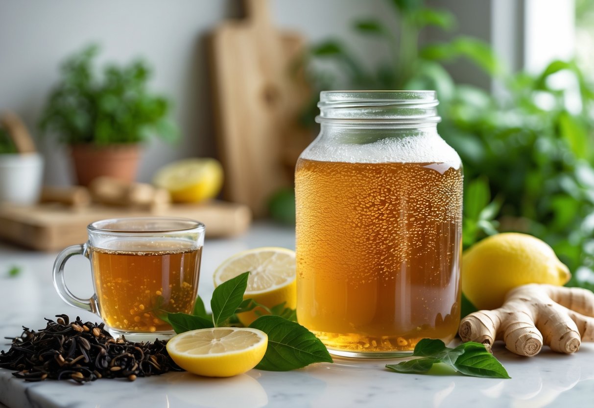 A glass jar and a small glass cup of amber kombucha on a kitchen countertop with tea leaves, lemon wedge, and ginger roots nearby.