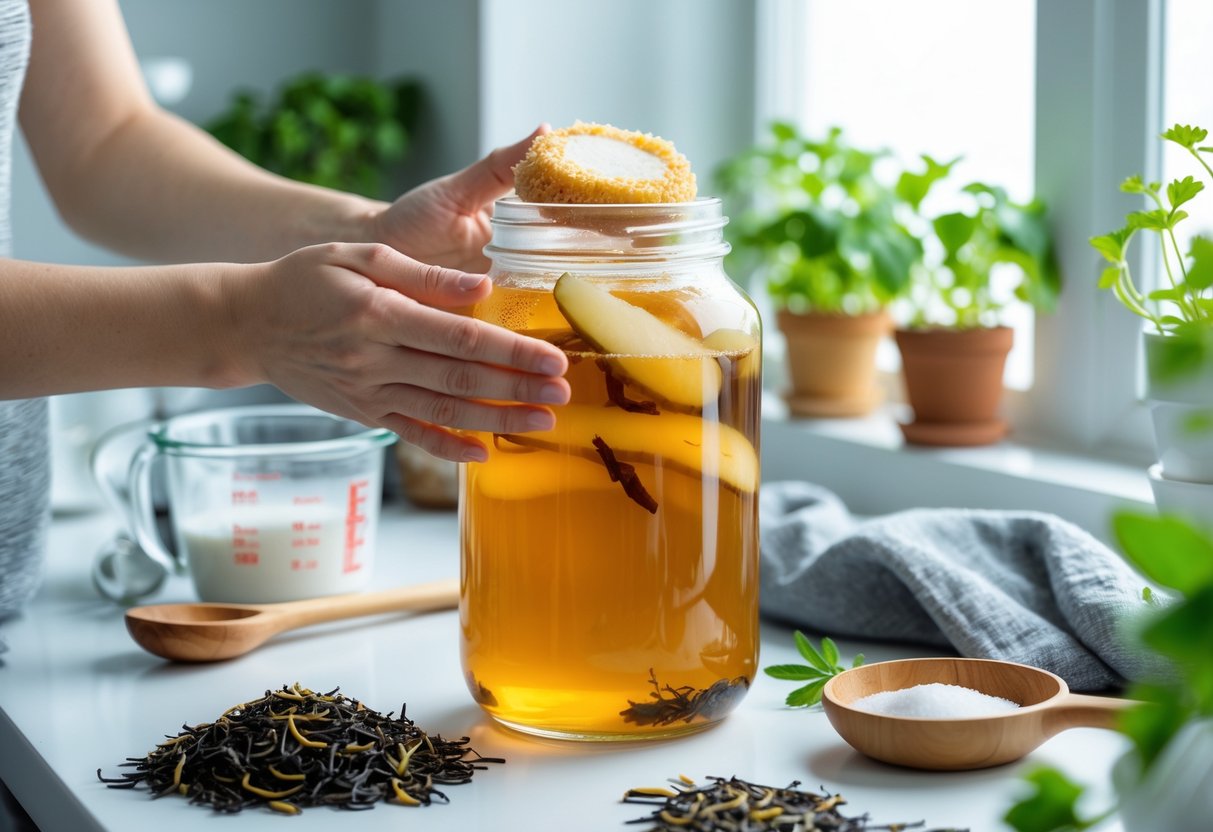 A kitchen scene showing a jar of kombucha with a SCOBY inside, tea leaves, and a person's hands holding the jar.