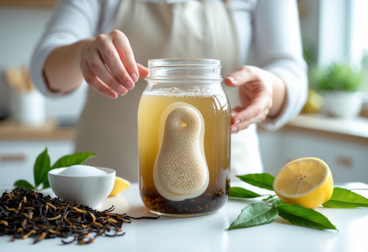 A clear glass jar of homemade kombucha with natural ingredients on a kitchen counter and hands gently holding the jar.