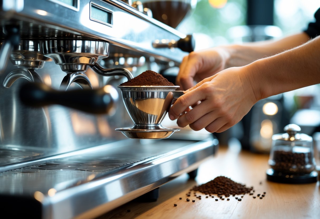 A barista tamping coffee grounds into an espresso machine portafilter on a wooden countertop with coffee equipment around.