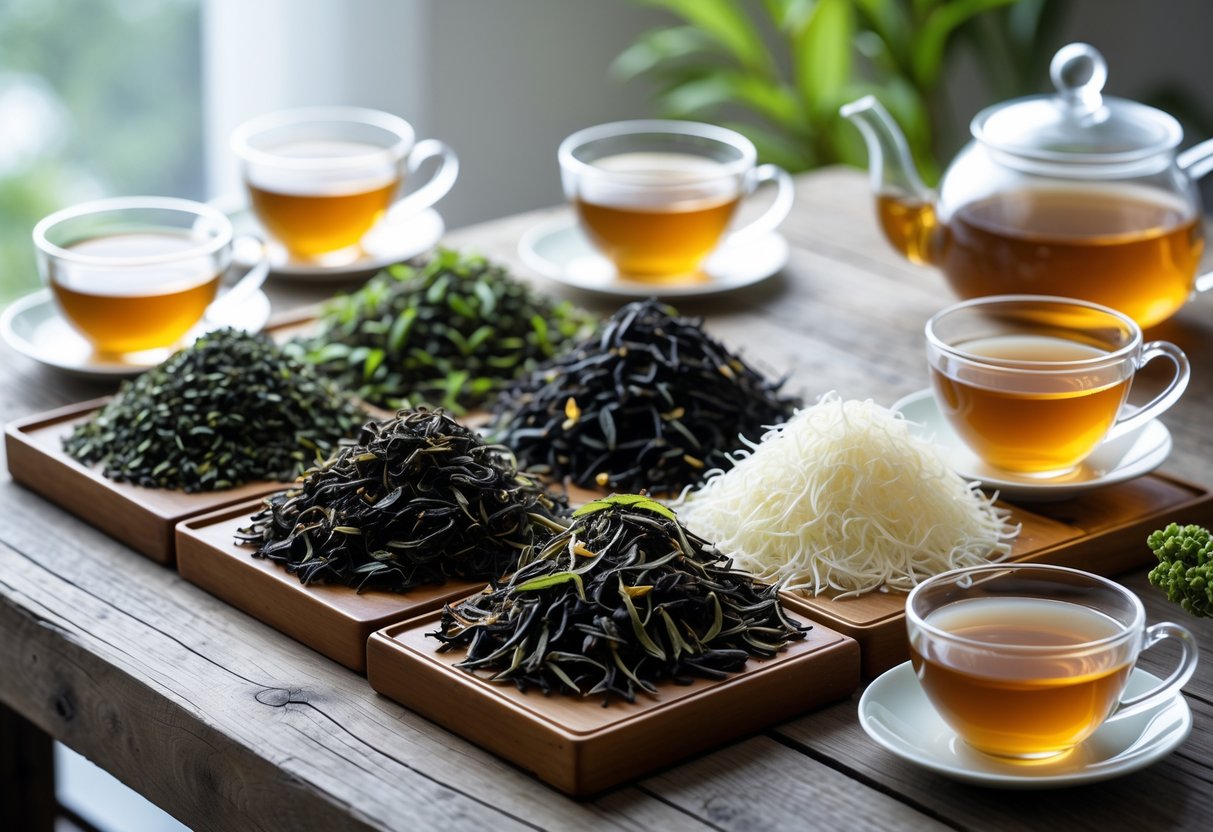 A variety of tea leaves and brewed teas displayed on wooden trays and in glass cups on a wooden table with natural light and green plants in the background.