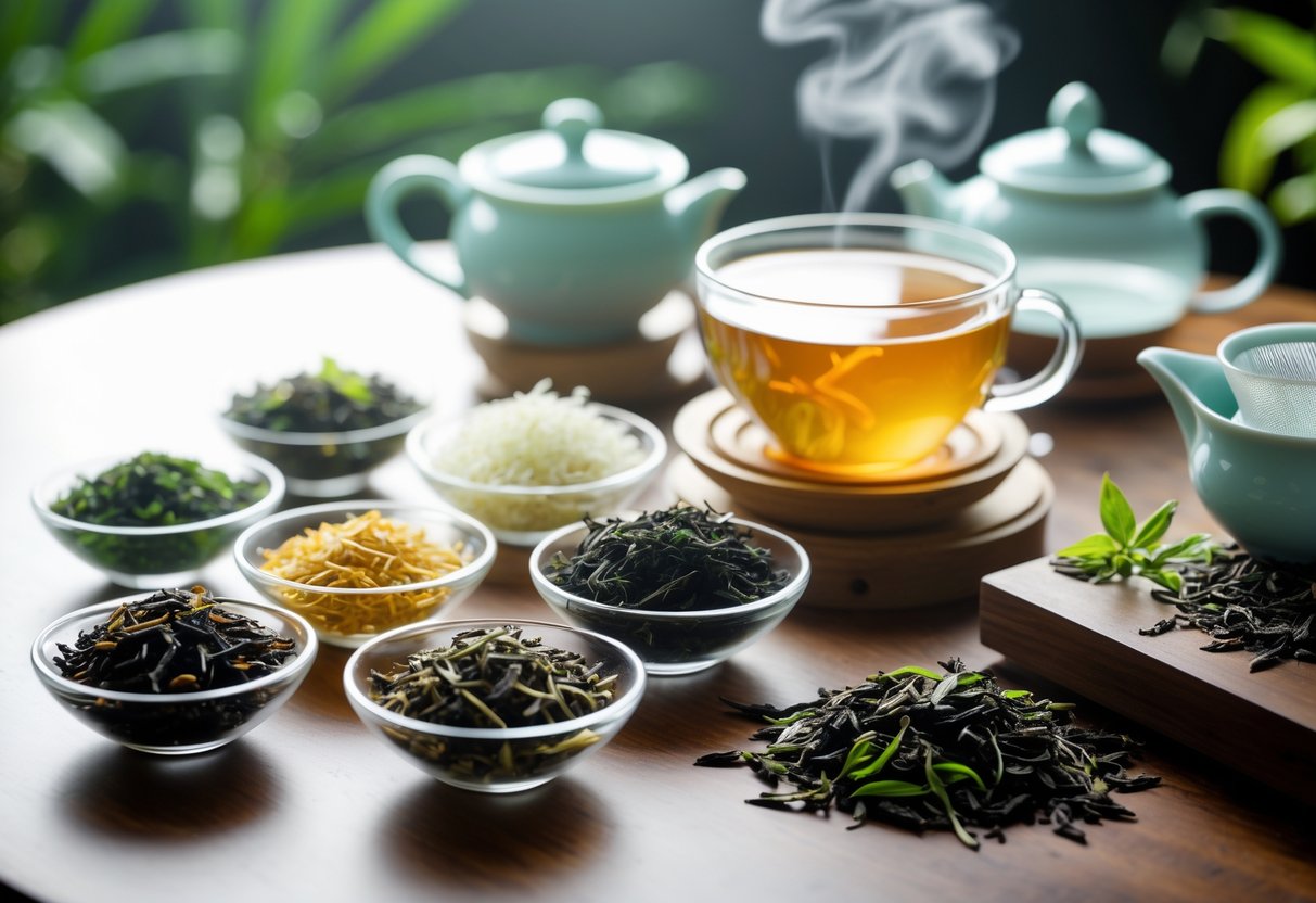 A tea brewing setup with different types of tea leaves in bowls, teapots, and a steaming cup of tea on a wooden table.