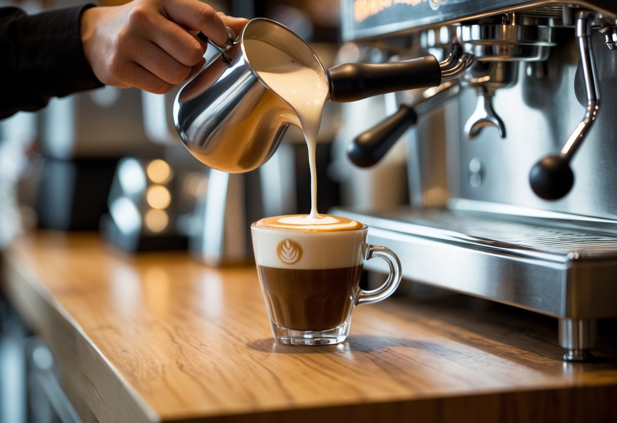 Close-up of a barista pouring steamed milk into an espresso cup to create latte art.