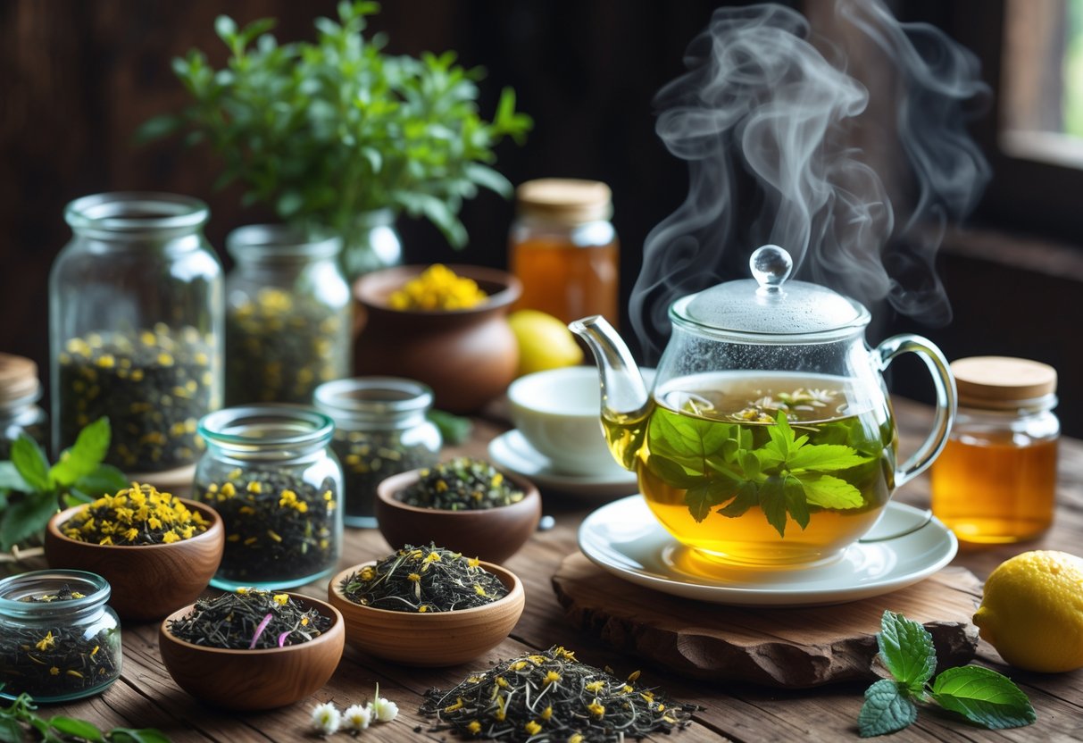 A table with glass jars of loose herbal teas, a glass teapot with steaming tea, porcelain cups, fresh herbs, lemon slices, and honey jars arranged neatly.