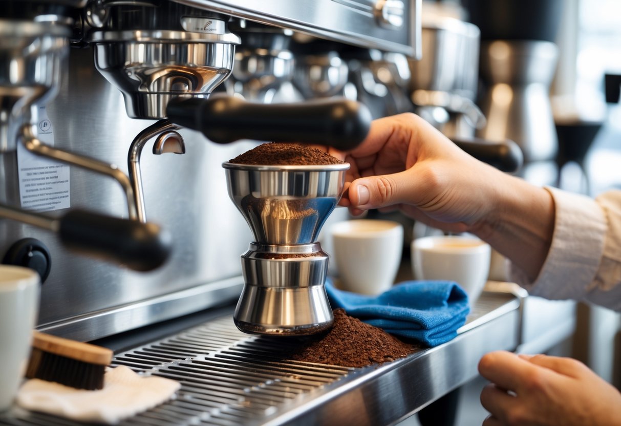 Hands tamping coffee grounds into an espresso machine portafilter with cleaning tools nearby in a caf&eacute; setting.
