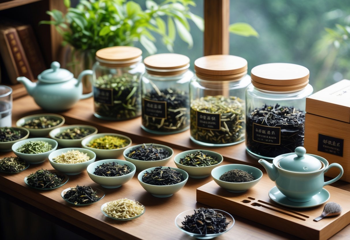 A collection of tea containers and loose leaf teas displayed with teapot and teacups on a wooden surface in a tidy tea brewing area.