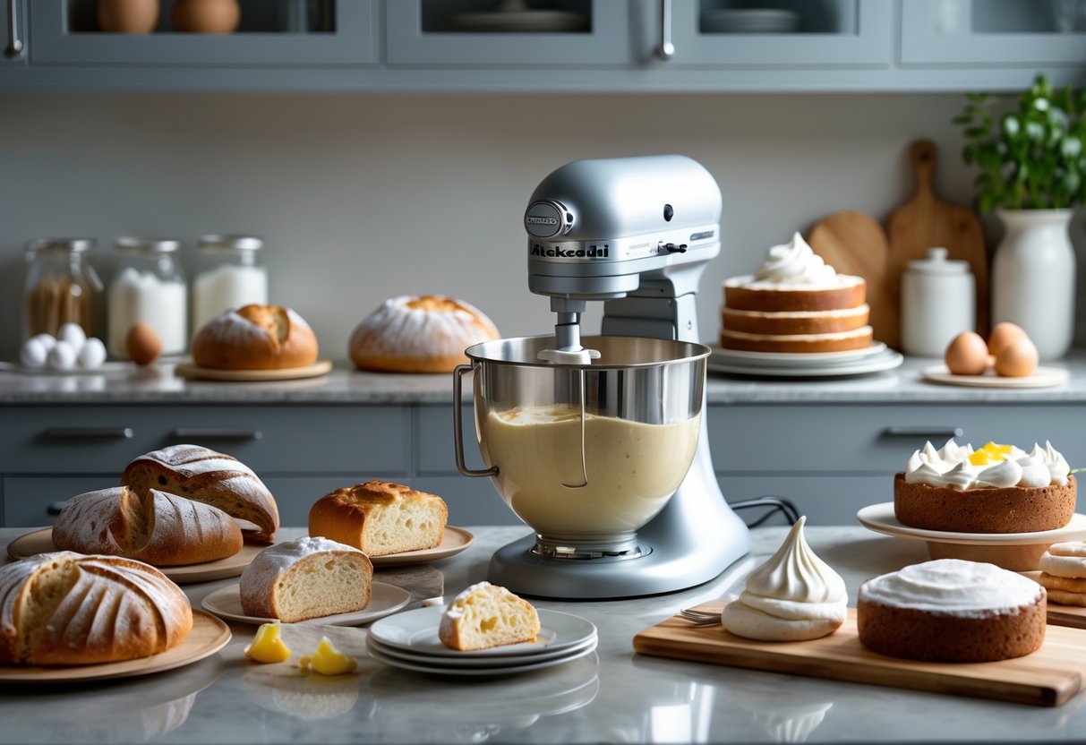 A KitchenAid stand mixer on a kitchen counter surrounded by breads, cakes, and meringues.