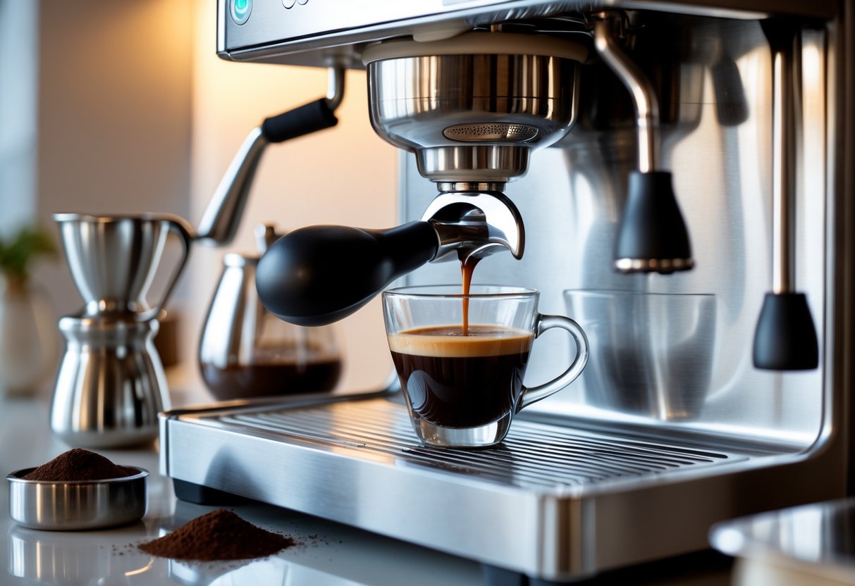 A home kitchen countertop with an espresso machine pulling a shot of espresso into a glass cup, surrounded by coffee-making tools.