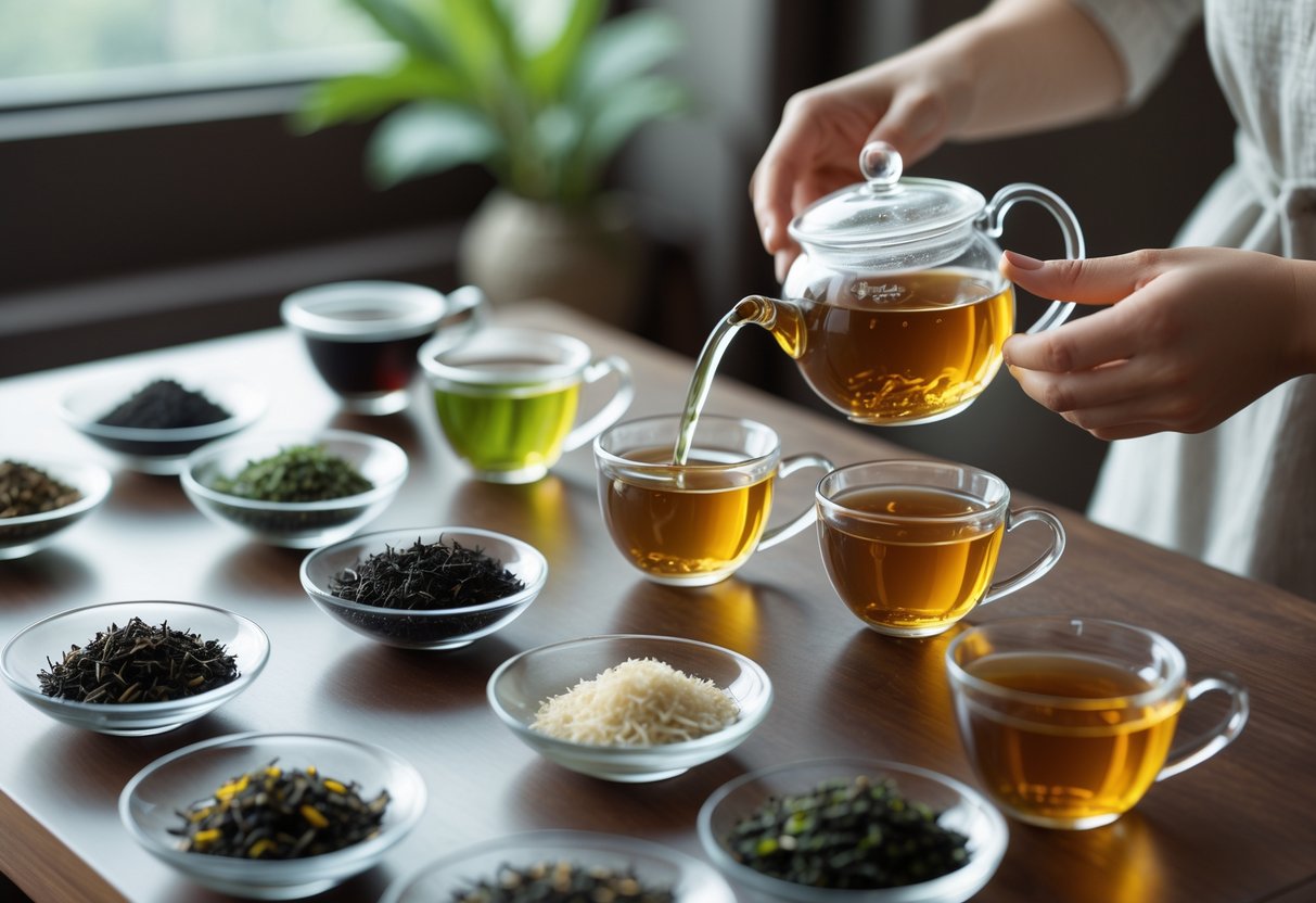A wooden table with different types of tea in glass cups and teapots, alongside dishes of loose tea leaves, with hands pouring tea into a cup.