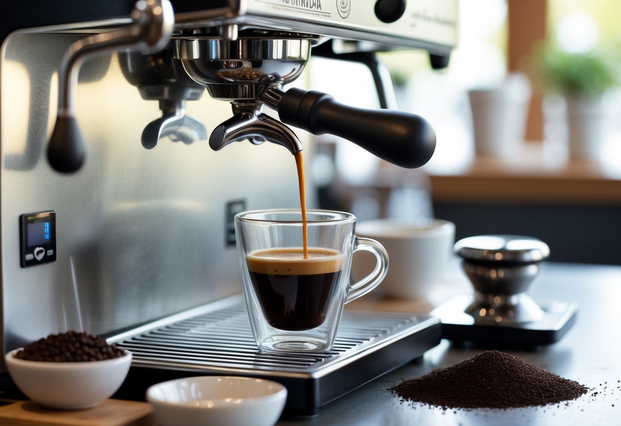 A barista pulling a shot of espresso from a machine into a small glass cup, with coffee tools and beans on the counter in a coffee shop.