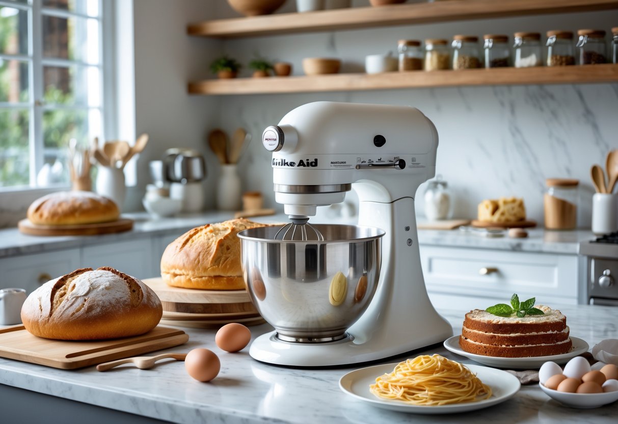 A kitchen countertop with a KitchenAid mixer surrounded by fresh bread, a decorated cake, and homemade pasta.