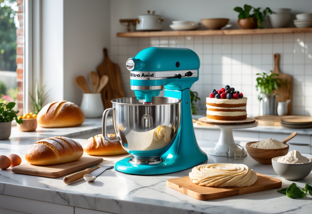 KitchenAid mixer on a countertop surrounded by breads, a decorated cake, and fresh pasta dough in a bright kitchen.