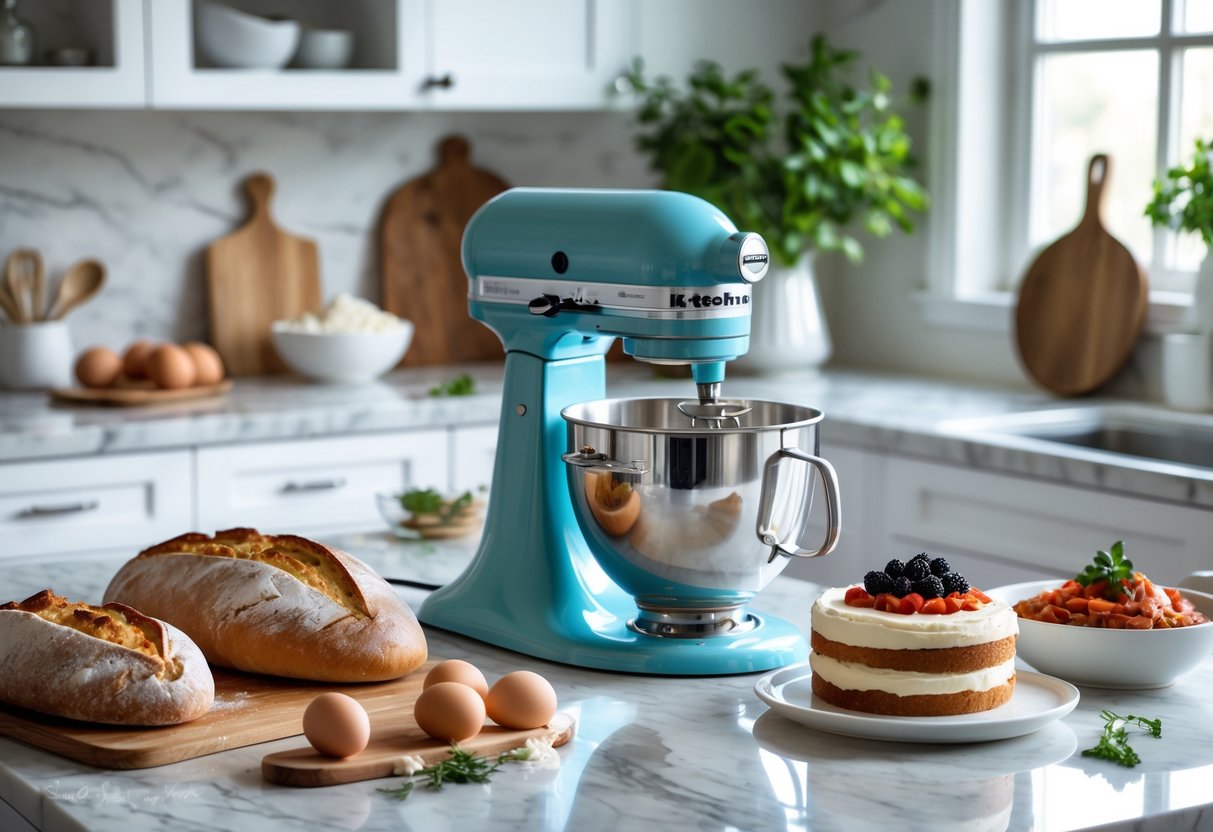 A KitchenAid mixer on a kitchen counter surrounded by breads, a decorated cake, and a bowl of fresh pasta.
