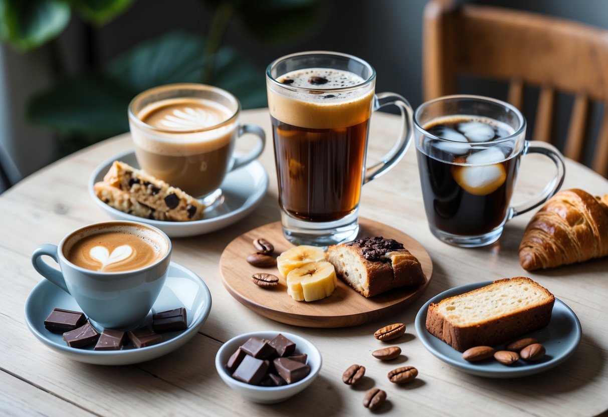 A table with three types of coffee drinks—espresso, cold brew, and filter coffee—each paired with different foods like chocolate, berries, croissant, banana bread, and almonds.