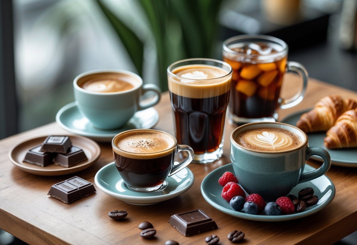 Three cups of coffee&mdash;espresso, filter coffee, and cold brew&mdash;arranged with chocolate, berries, croissant, nuts, and dried fruit on a wooden table.