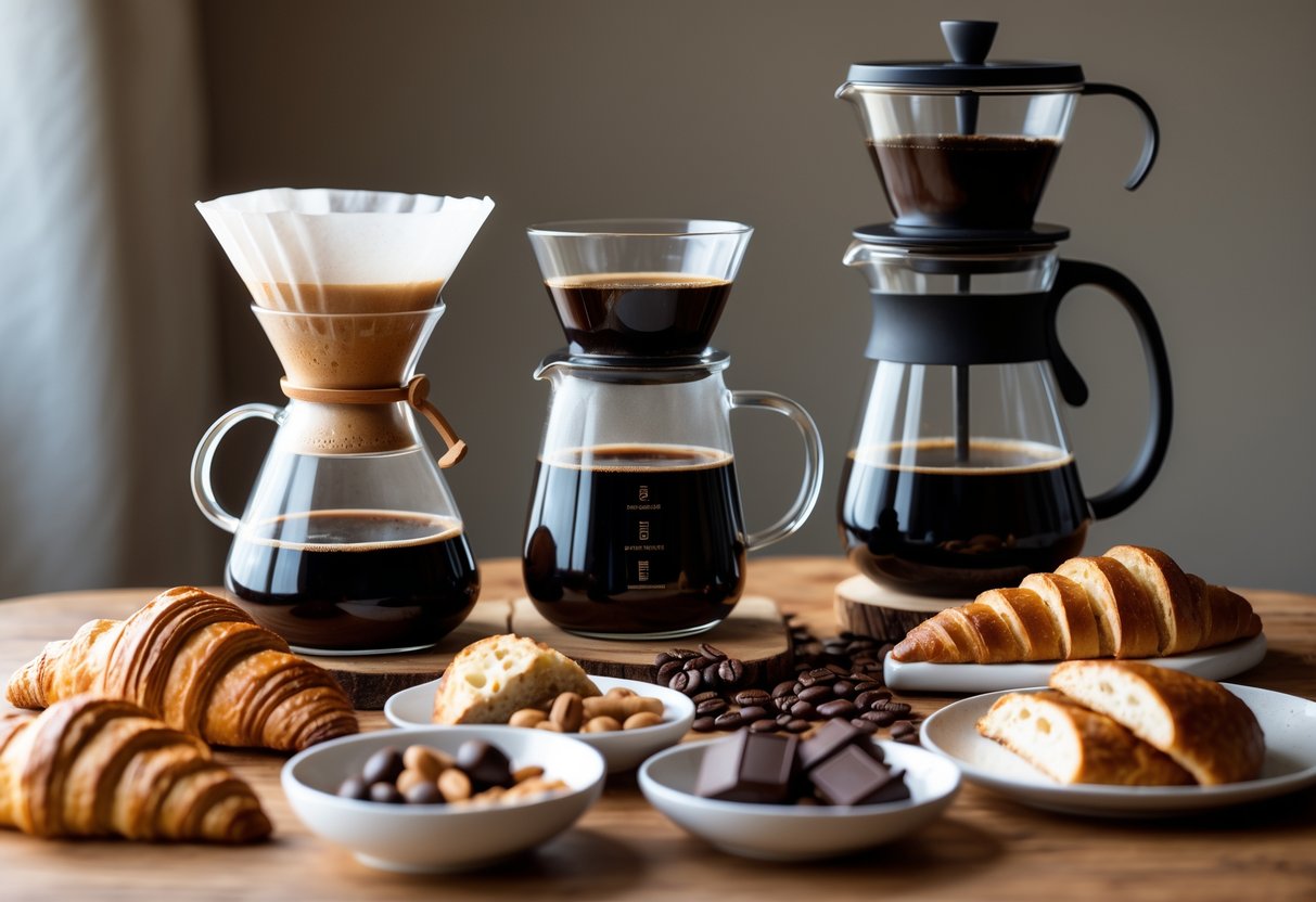 A table displaying pour-over, French press, and drip coffee with various food pairings like croissants, nuts, chocolate, and berries.