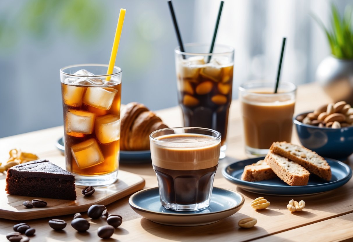 A table with cold brew coffee, iced coffee, espresso, and various food items including croissant, chocolate cake, nuts, and biscotti.