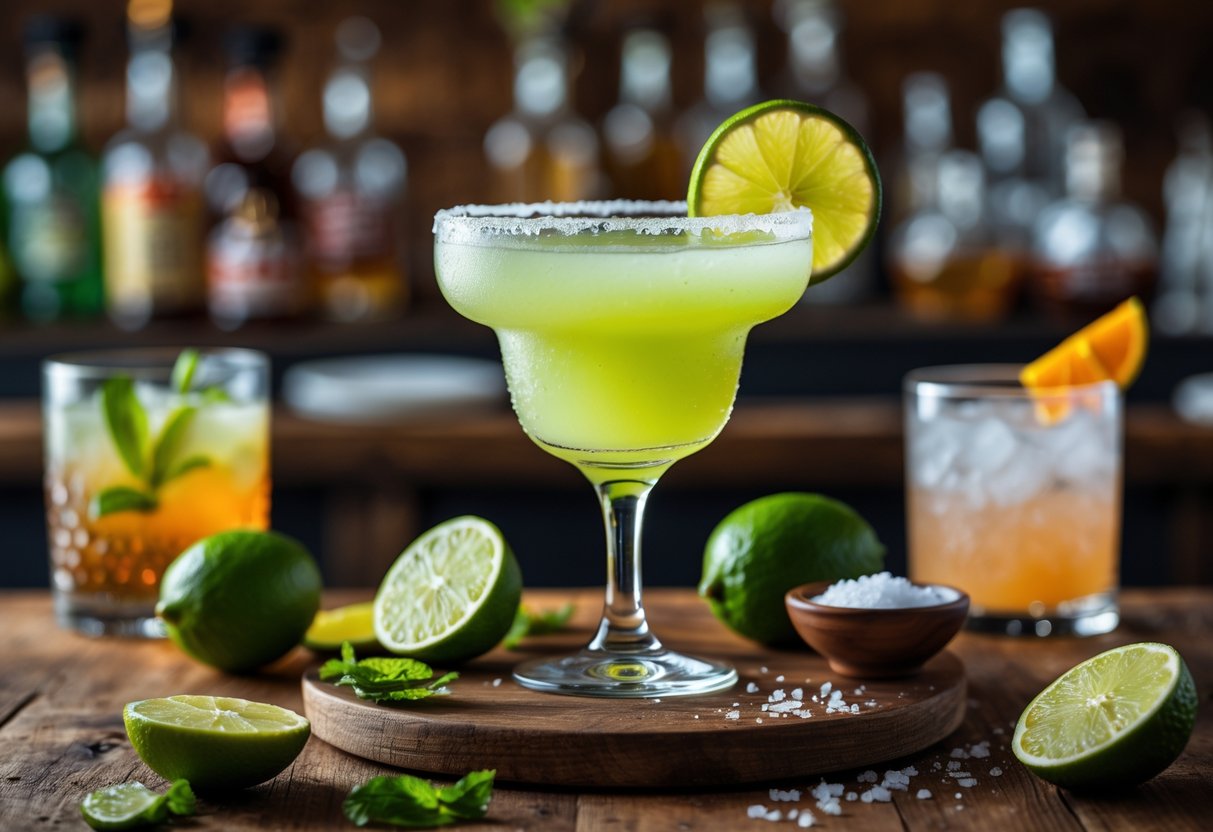 A margarita cocktail with a salted rim and lime wedge on a wooden bar, surrounded by fresh limes and other classic cocktails in the background.