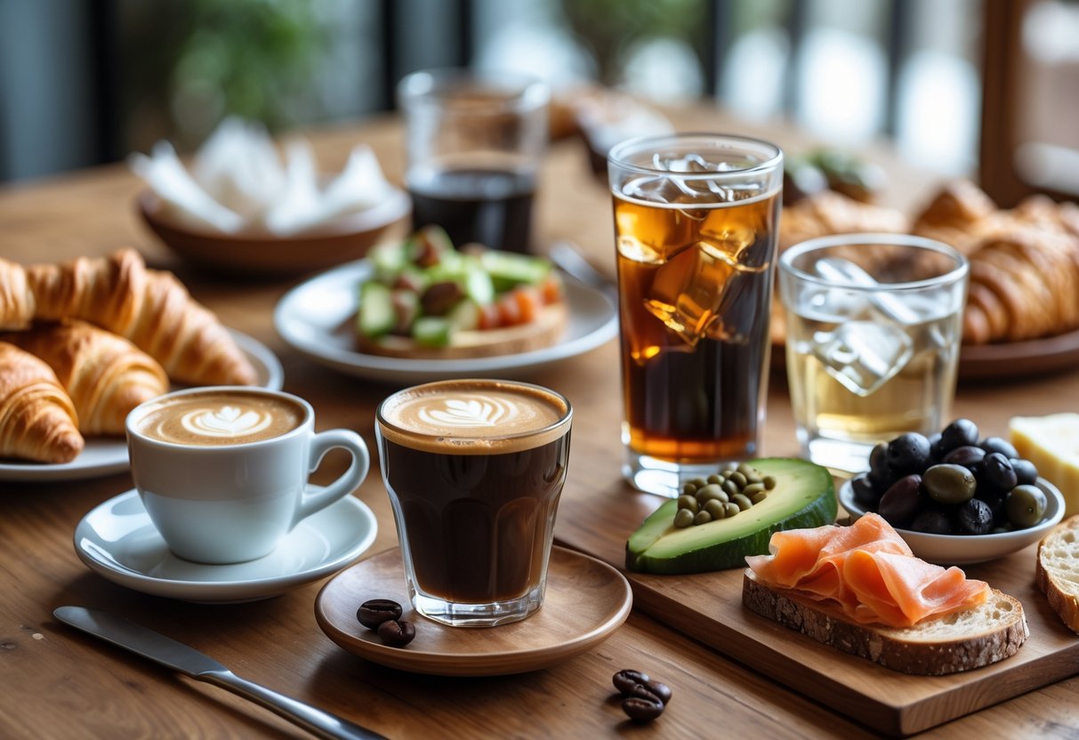 A table with espresso, cold brew, and filter coffee surrounded by savoury foods like croissants, avocado toast, olives, and cheese.