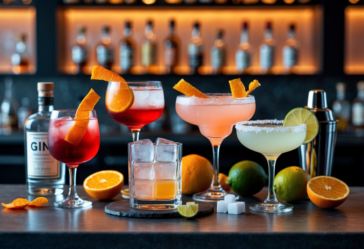 A bar countertop displaying four classic cocktails with their ingredients arranged around them, including bottles, citrus fruits, and a cocktail shaker.
