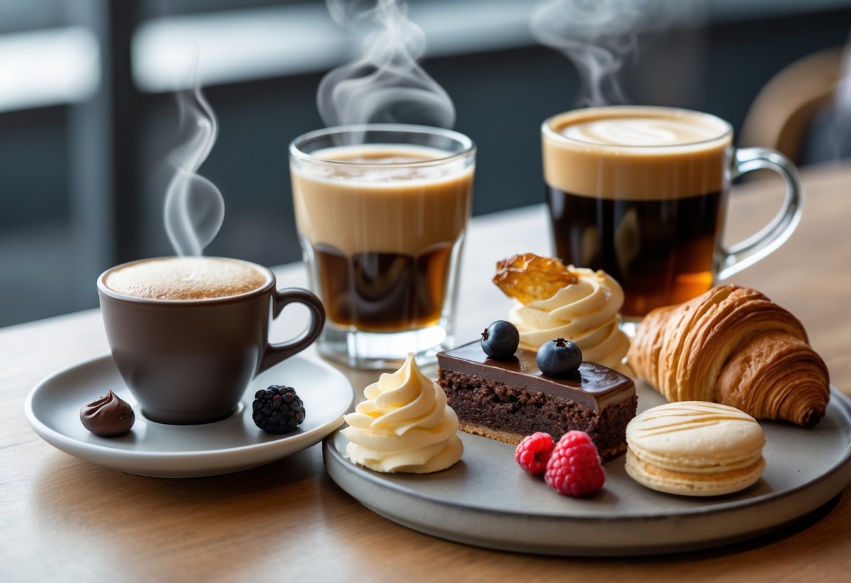 A table displaying espresso, cold brew, and filter coffee alongside various desserts including chocolate cake, almond croissant, berries, and a vanilla macaroon.