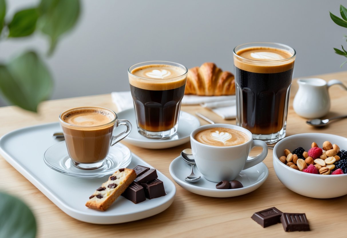 A table with three types of coffee&mdash;espresso, cold brew, and filter coffee&mdash;each paired with different foods including biscotti, croissant, berries, nuts, and chocolate.