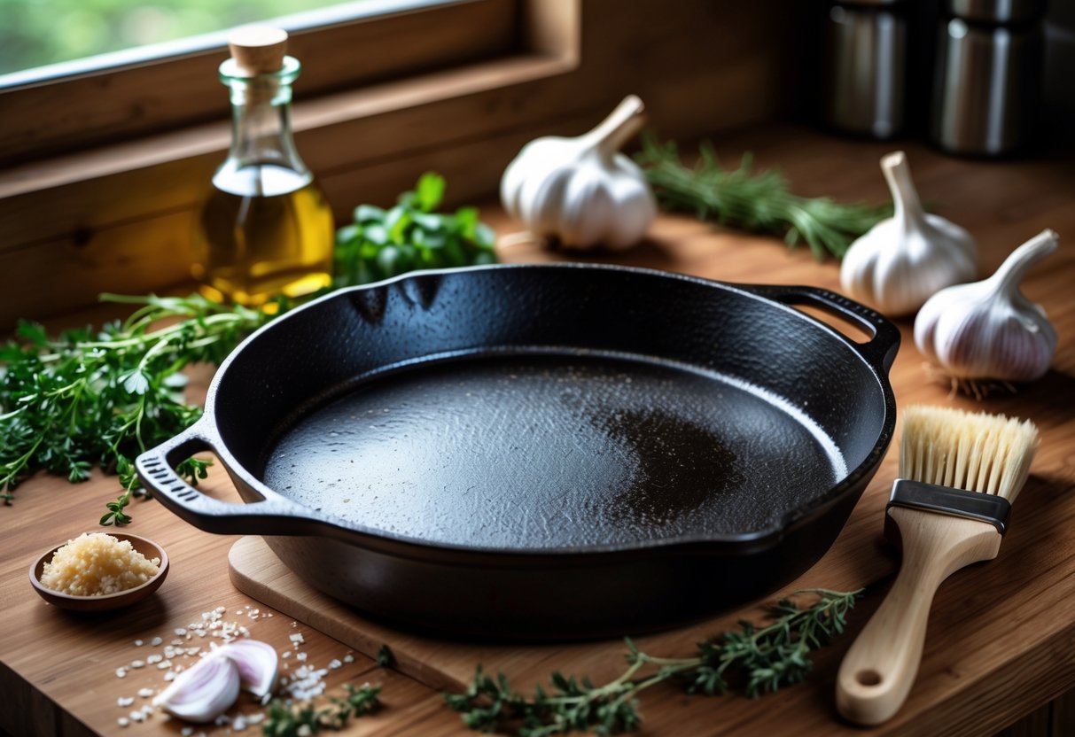 A cast iron skillet on a wooden countertop surrounded by fresh herbs, garlic, salt, a bottle of oil, and a wooden brush in a kitchen.