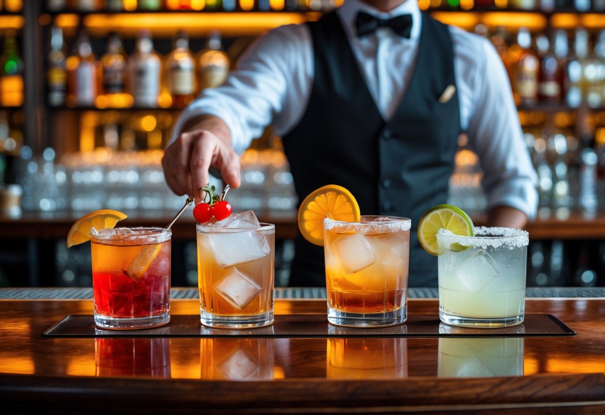 A bartender serving four classic cocktails on a wooden bar with bottles and cocktail tools in the background.