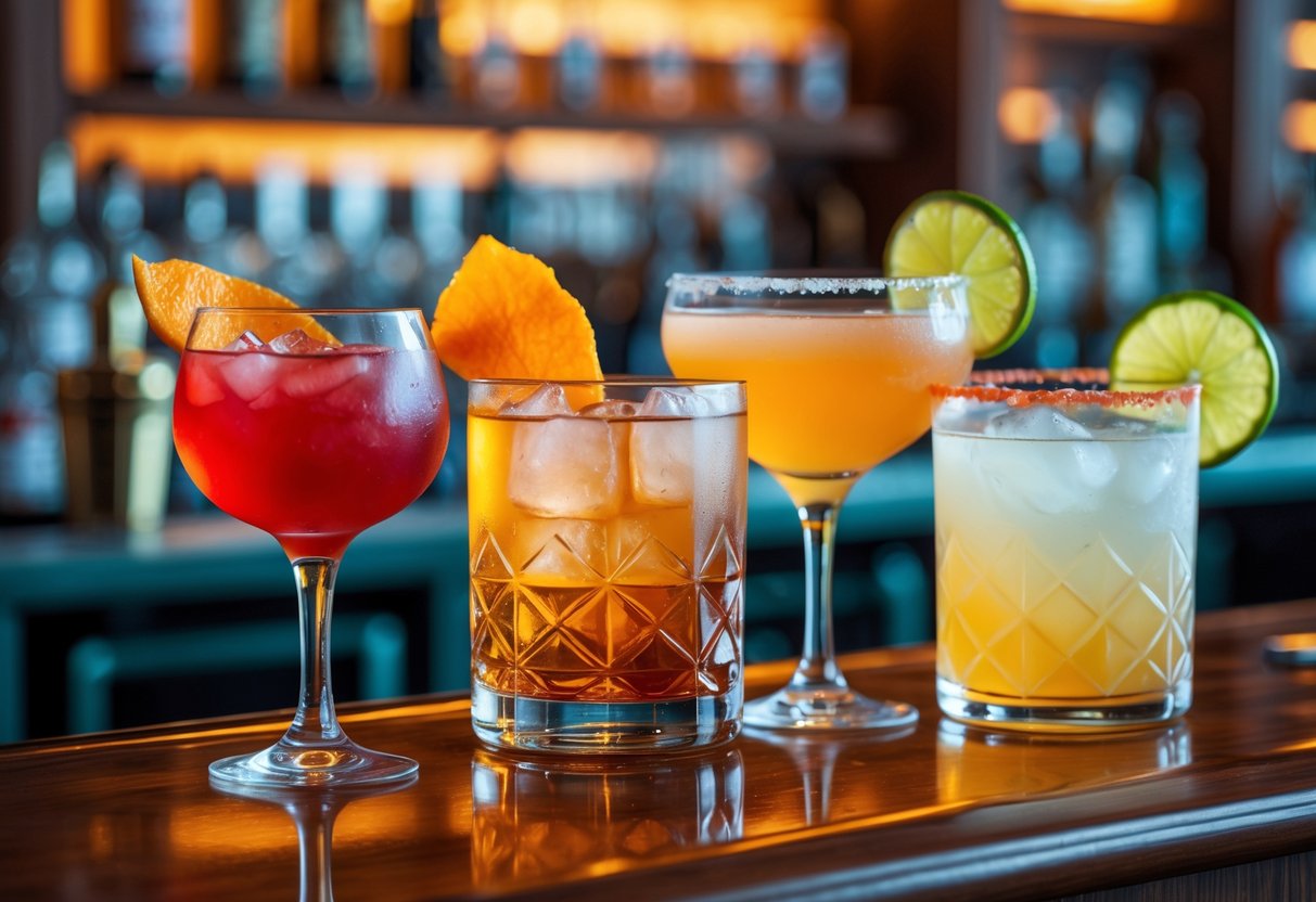Four classic cocktails on a wooden bar counter with garnishes and blurred bar shelves in the background.